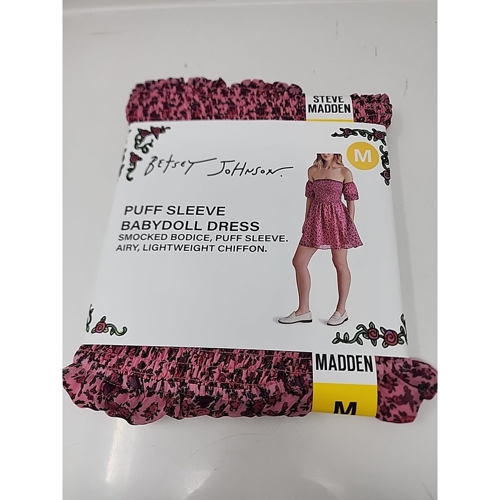 BETSY JOHNSON Puff Sleeve Babydoll‎ Dress M Pink Floral Ruffle